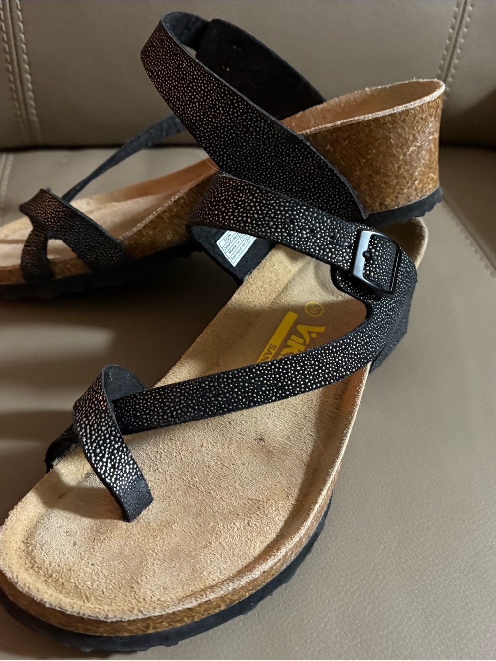 Women’s Black Textured Strappy Cork Wedge Sandals
